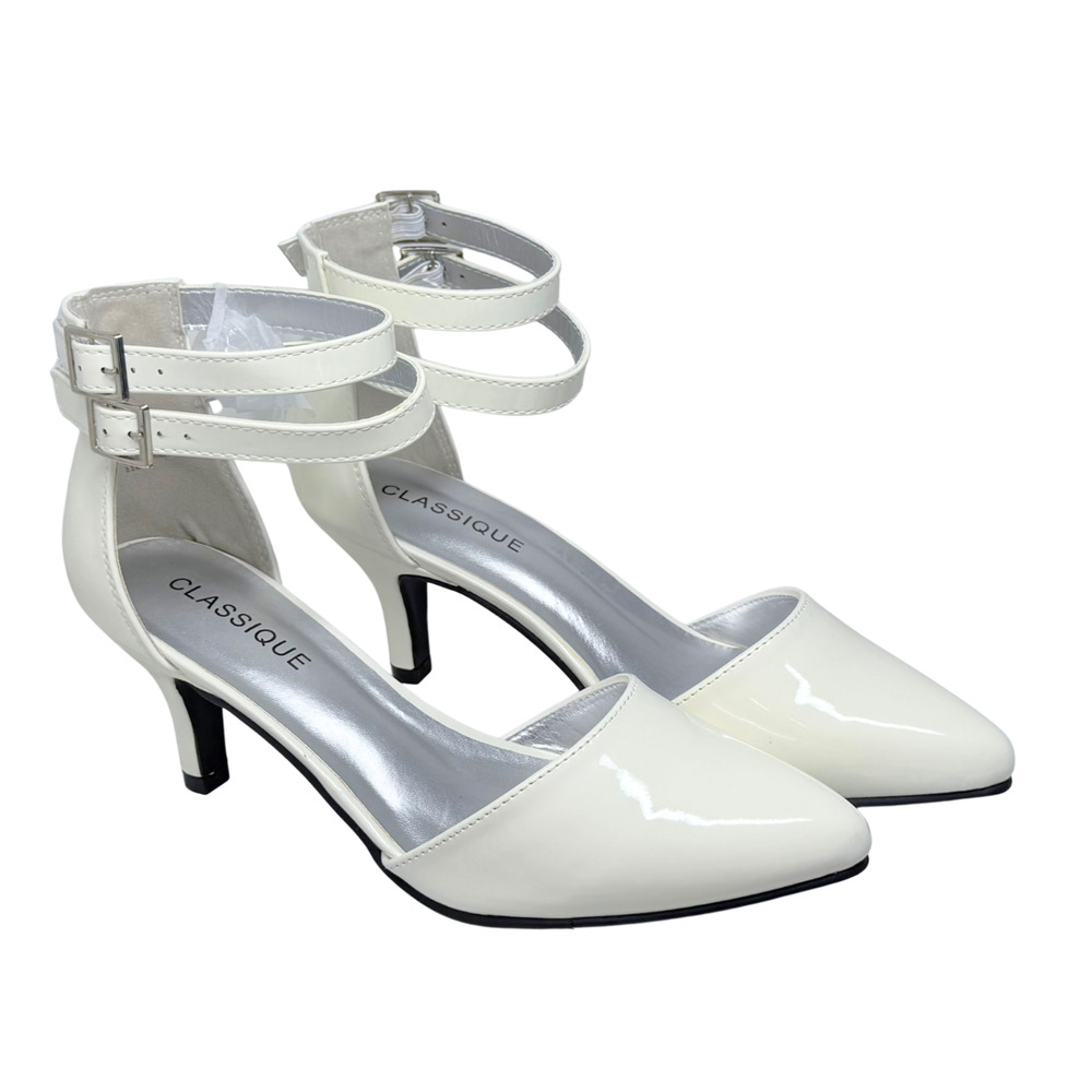 Classique Sz 8.5 White Patent Leather Heels Double Ankle Strap Pointed Toe 3"H